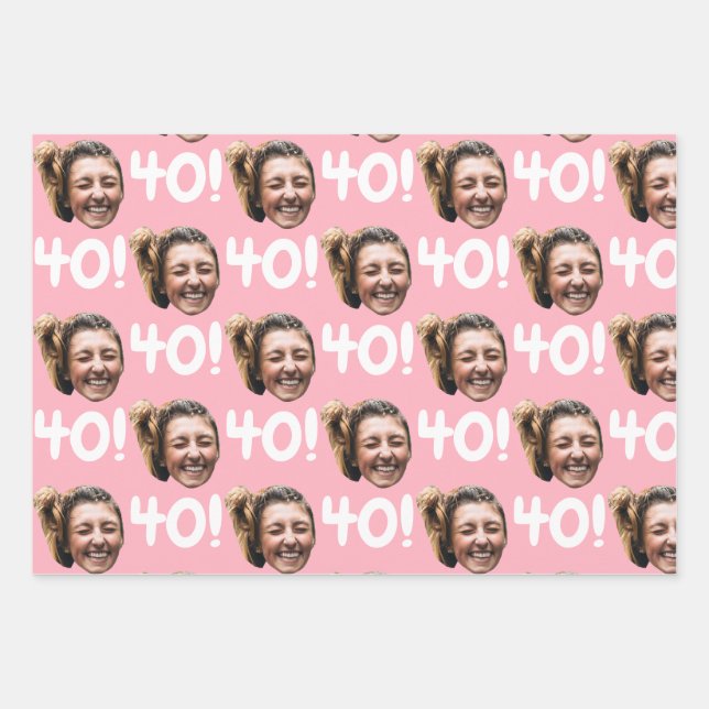Funny Pink Custom Face Photo Birthday Age Wrapping Paper Sheets (Front)