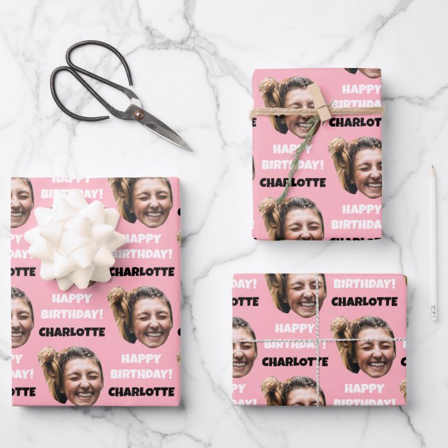 Funny Pink Custom Face Photo Happy Birthday Wrapping Paper Sheets (Front)