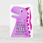 Funny Pink Dinosaur Kids Birthday Card<br><div class="desc">Funny and cute birthday card for a special girl! Cartoon style illustration of a pink dinosaur. The t rex is wearing a tiny pink princess party hat. On her body there is a text that says "Have a DINO-MITE birthday" You can add the birthday girl's name under that. Text is...</div>