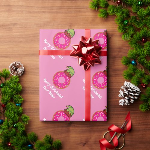 Funny pink donut with elf hat custom Christmas Wrapping Paper