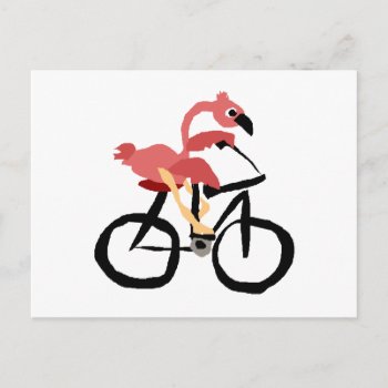 Funny Pink Flamingo Bird On Bicycle Postcard by tickleyourfunnybone at Zazzle