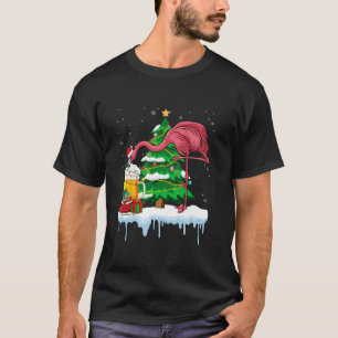 Funny Pink Flamingo Drinking Beer Christmas Tree L T-Shirt
