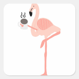 Funny Pink Flamingo Drinking Coffee Square Sticker