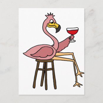 Funny Pink Flamingo Drinking Red Wine Postcard by naturesmiles at Zazzle