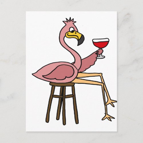 Funny Pink Flamingo Drinking Red Wine Postcard