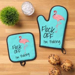 Funny Pink Flamingo Flock Off Oven Mitt & Pot Holder Set