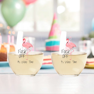 Funny Pink Flamingo Flock Off Stemless Wine Glass