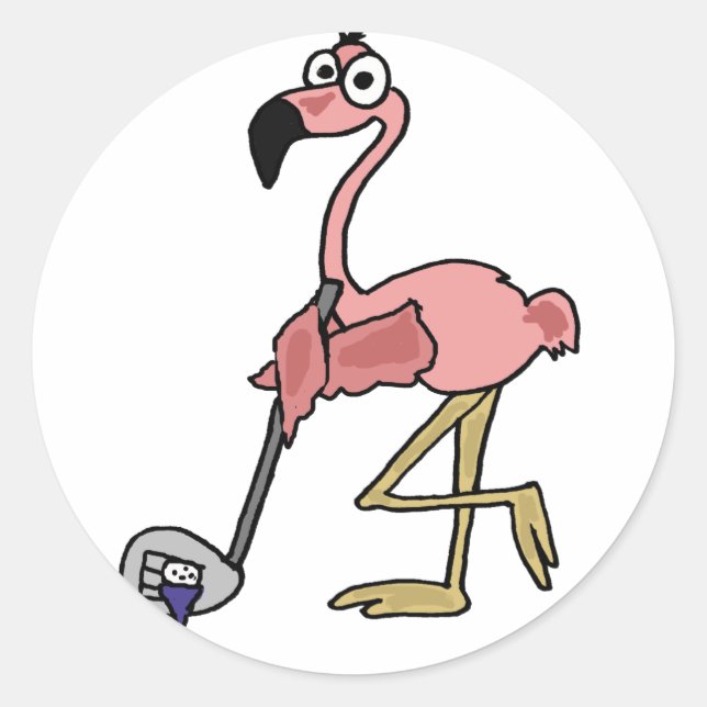 Funny Pink Flamingo Golfing Art Classic Round Sticker (Front)