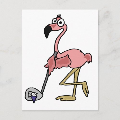 Funny Pink Flamingo Golfing Art Postcard