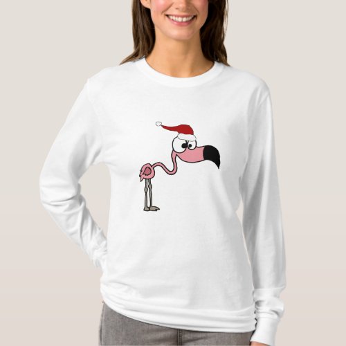 Funny Pink Flamingo in Santa Hat Christmas Art T_Shirt