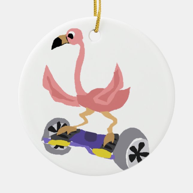 Funny Pink Flamingo on Hoverboard Ceramic Ornament (Front)