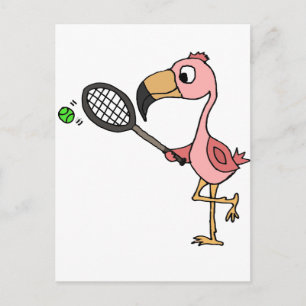 Funny Pink Flamingo Playing Tennis Postcard