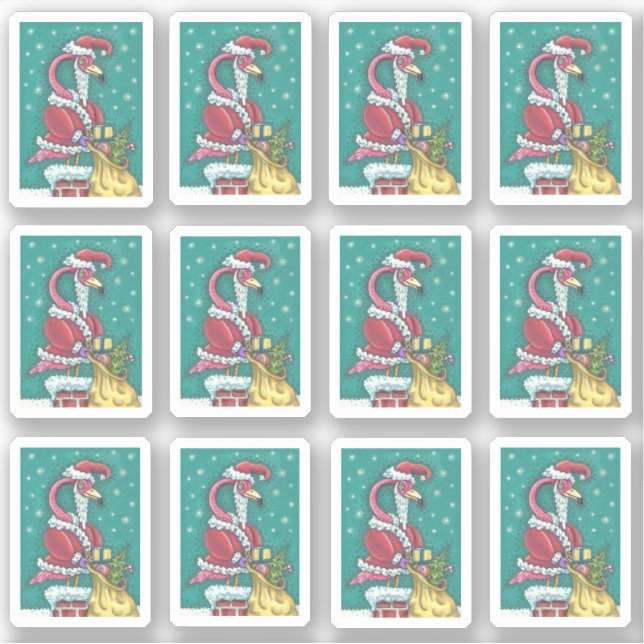 FUNNY PINK FLAMINGO SANTA CLAUS CHRISTMAS STICKER (Front)