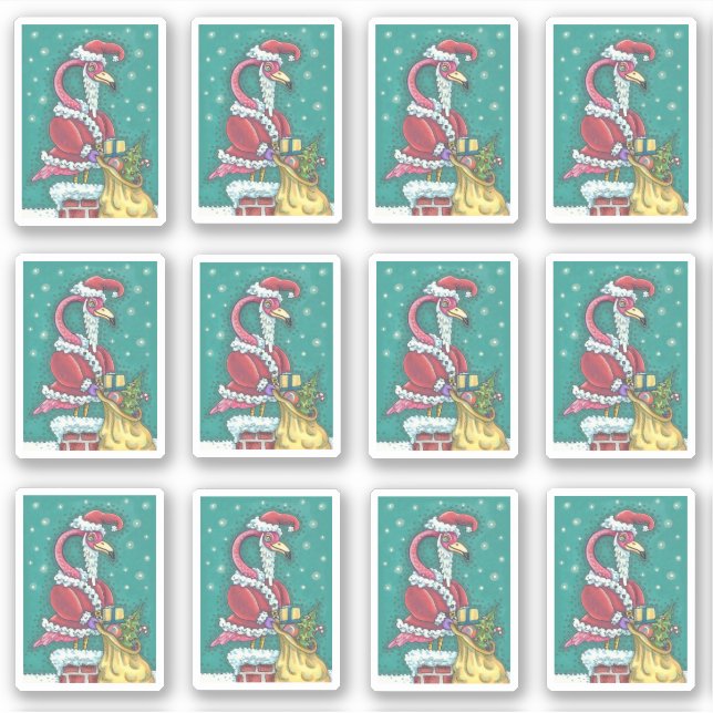 FUNNY PINK FLAMINGO SANTA CLAUS CHRISTMAS STICKER (Front)