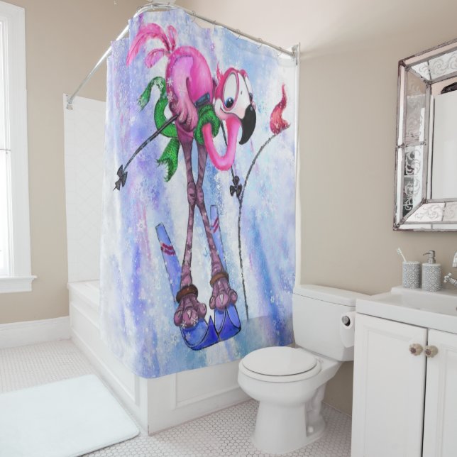 Funny Pink Flamingo Skier - Cartoon Drawing Comic  Shower Curtain (In Situ)
