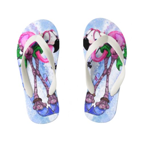 Funny Pink Flamingo Skier Kids Flip Flops