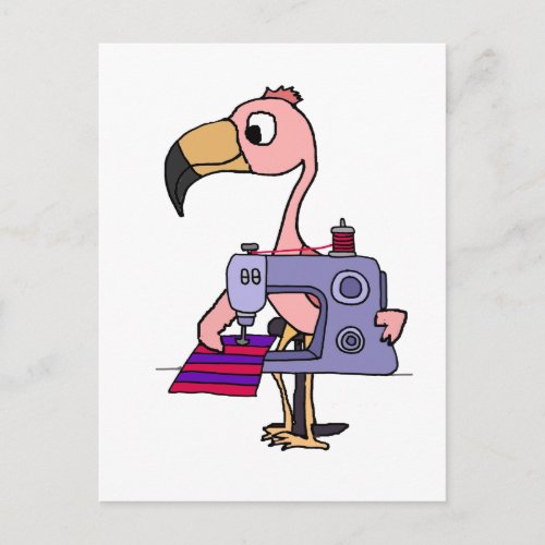 Funny Pink Flamingo using Sewing Machine Postcard