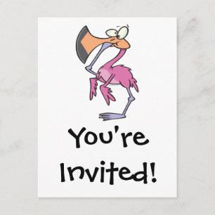 funny pink flamingo with foot in mouth invitation