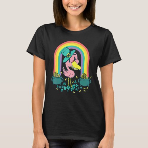 Funny Pink Flamingo With Pots of Gold St Patricks T_Shirt