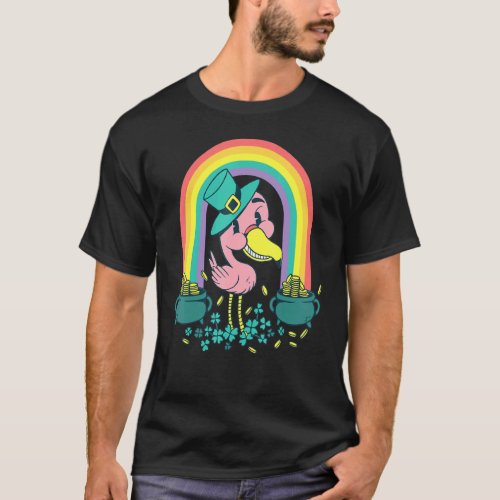 Funny Pink Flamingo With Pots of Gold St Patricks T_Shirt