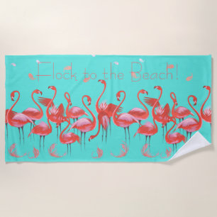 Funny Pink Flamingos Flocking to the Beach Beach Towel