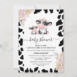Funny Pink Floral Holy Cow Cow Print Baby Shower Invitation