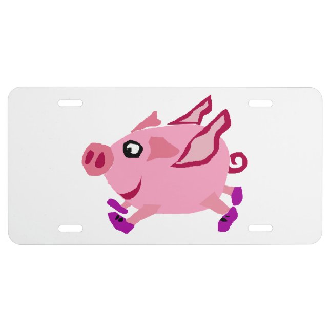Funny Pink Flying Pig Cartoon License Plate (Front)