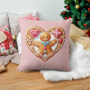 Funny Pink Gingerbread Man Heart Merry Christmas Throw Pillow
