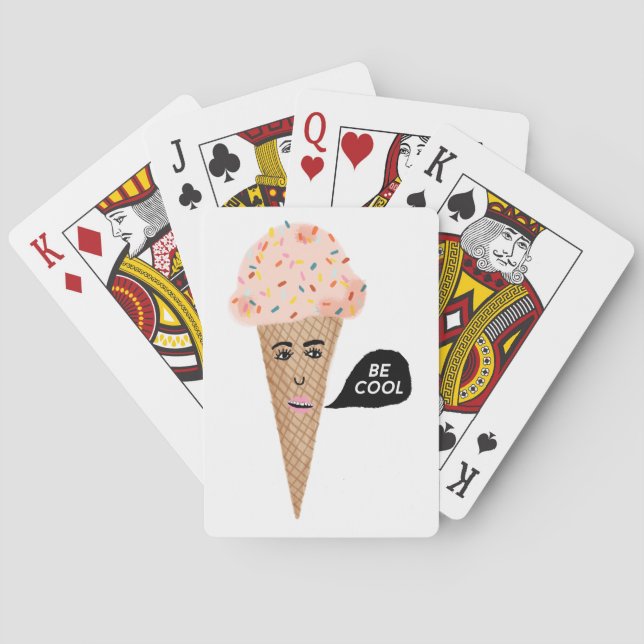 Funny Pink Ice Cream Lady says BE COOL Poker Cards (Back)