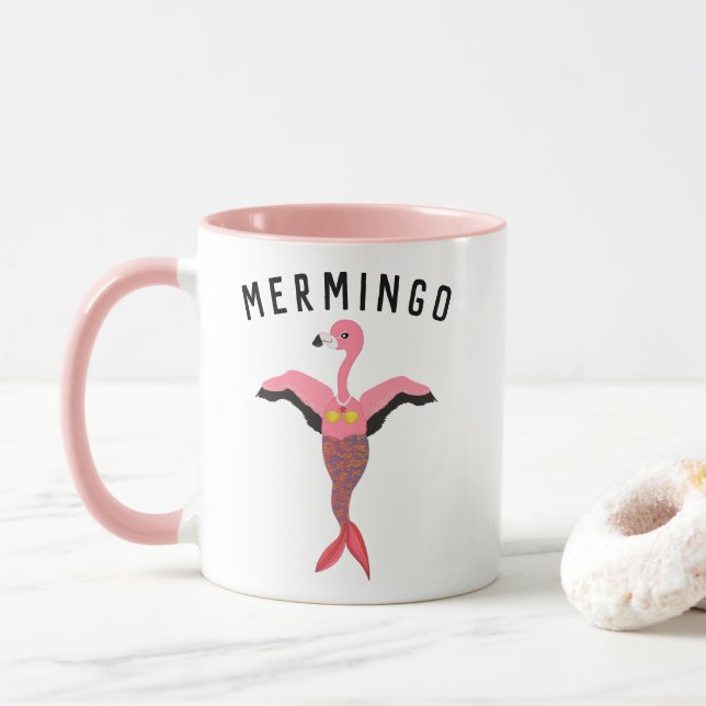 Funny Pink Magical Mermaid Flamingo Mermingo Mug (With Donut)