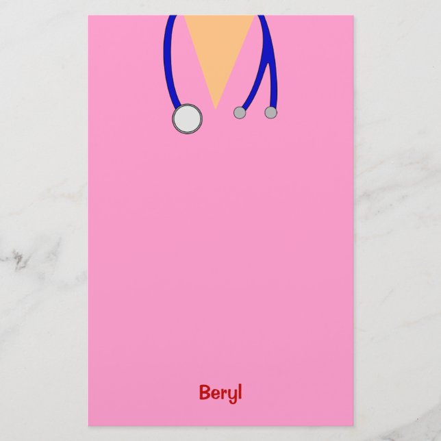 Funny Pink Medical Scrubs Whimsical Personalised Stationery (Front)