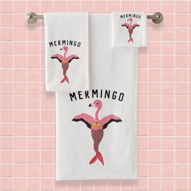 Funny Pink Mermingo Flamingo Mermaid Matching  Bath Towel Set (Creator Uploaded)