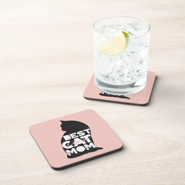 Funny Pink Mother's Day Best Cat Mom Ever Beverage Coaster (Right Side)