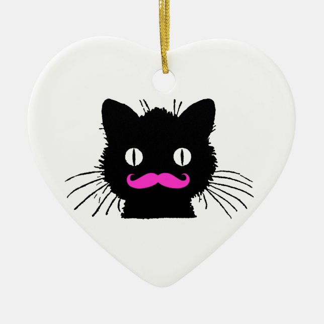 FUNNY PINK MUSTACHE BLACK CAT CERAMIC ORNAMENT (Front)