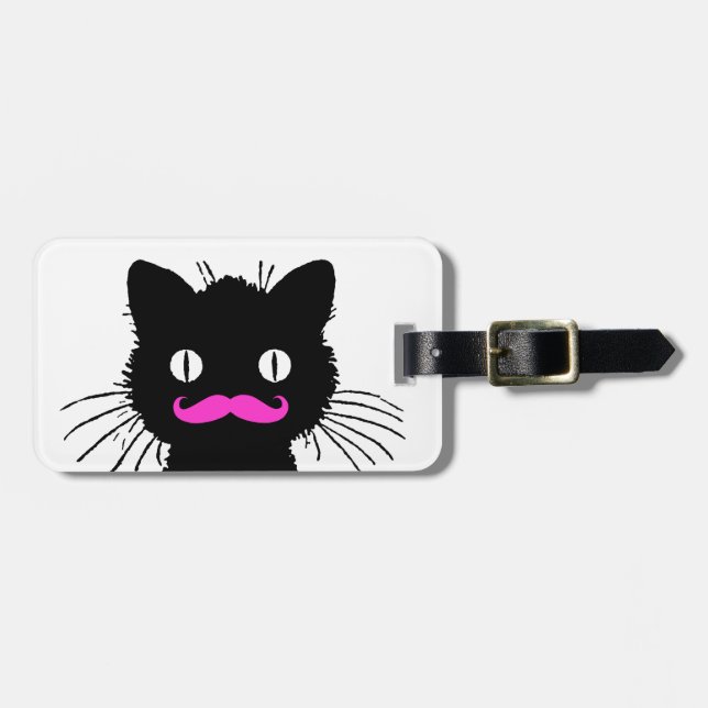 FUNNY PINK MUSTACHE BLACK CAT LUGGAGE TAG (Front Horizontal)