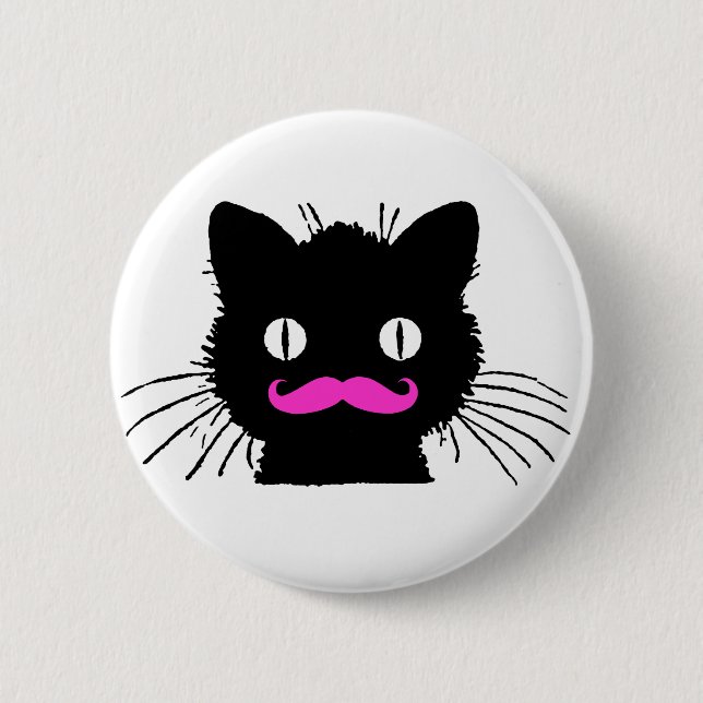 FUNNY PINK MUSTACHE BLACK CAT PINBACK BUTTON (Front)