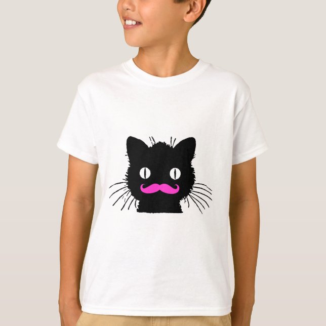 FUNNY PINK MUSTACHE BLACK CAT T-Shirt (Front)