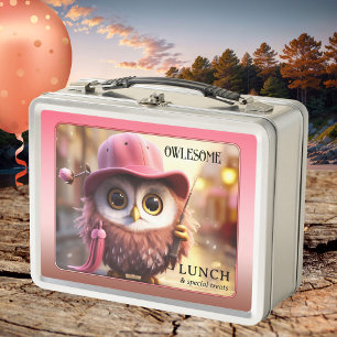 Funny Pink Owl Girly Metal Lunch Box