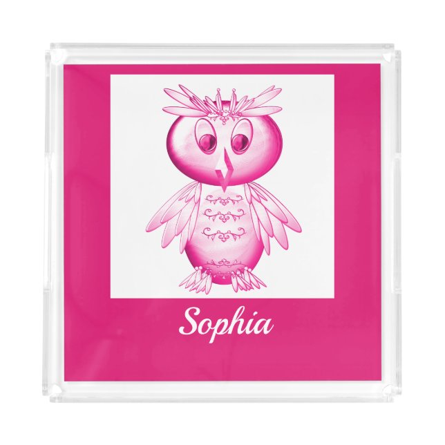 Funny Pink Owl Personalized kids Acrylic Tray (Front)