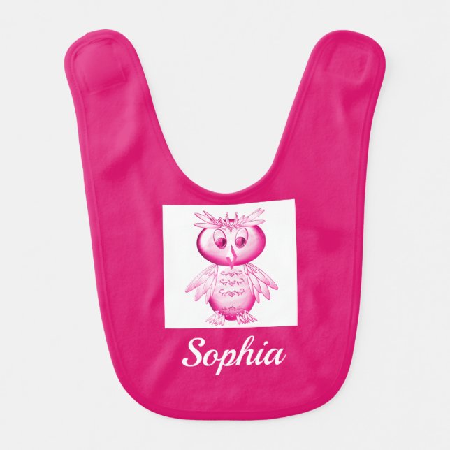 Funny Pink Owl Personalized kids Baby Bib (Front)
