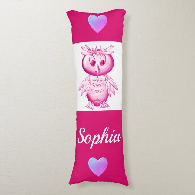 Funny Pink Owl Personalized kids Body Pillow (Front Vertical)
