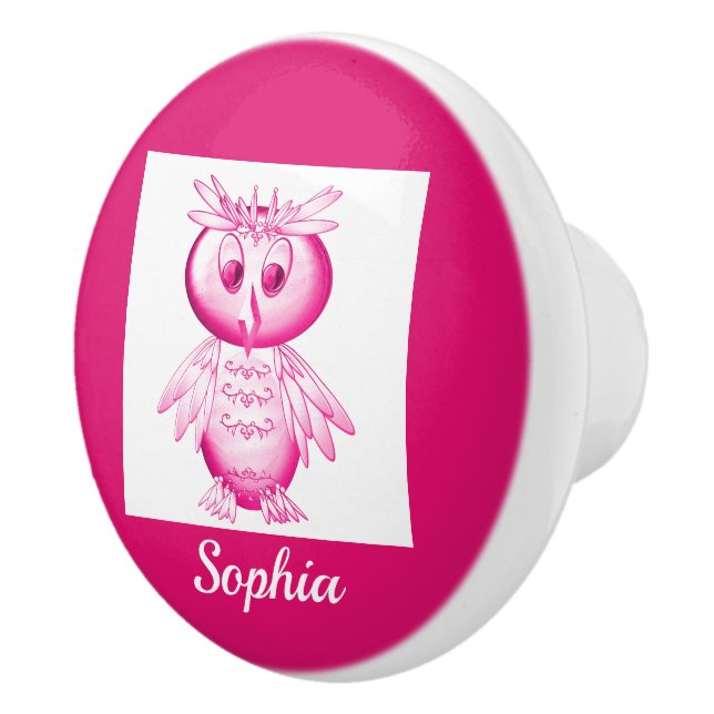 Funny Pink Owl Personalized kids Ceramic Knob (Right)