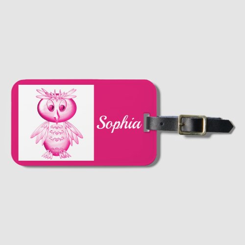 Funny Pink Owl Personalized kids Luggage Tag