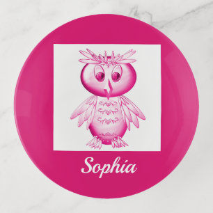 Funny Pink Owl Personalized kids Trinket Tray