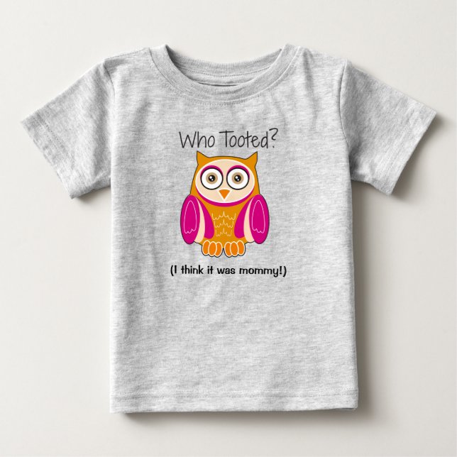 Funny Pink Owl “Who Tooted?” Kids’ T-Shirt (Front)