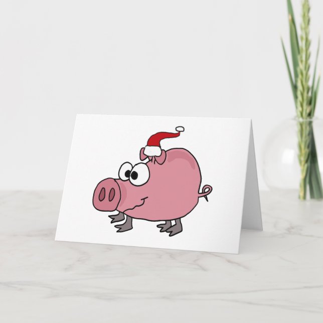Funny Pink Pig in Santa Hat Holiday Card (Front)