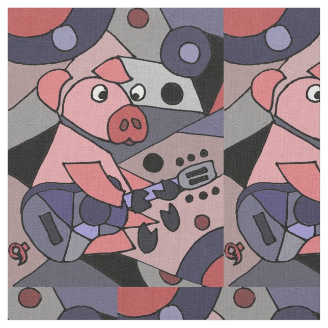 Funny Pink Pig Playing Guitar Abstract Fabric (Close Up)