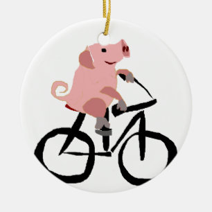 Funny Pink Pig Riding Bicycle Ceramic Ornament