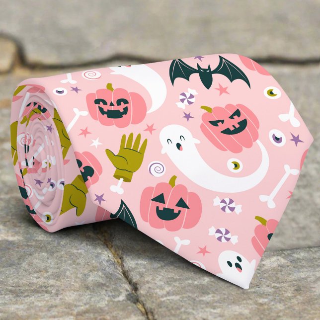 Funny Pink Pumpkin Cute White Ghost Bat Halloween Neck Tie (Creator Uploaded)