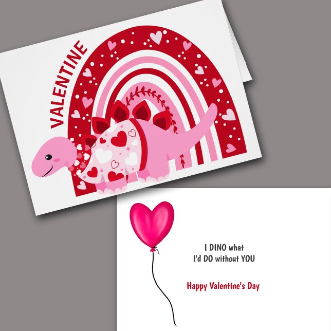 Funny Pink Rainbow Dinosaur Kids Valentine Cards (Creator Uploaded)
